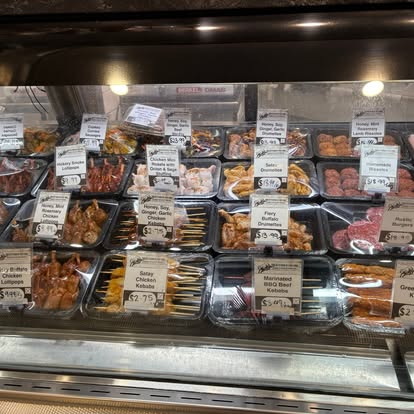 Marinated kebabs and skewers in the cabinet at The Butcher is the Chef