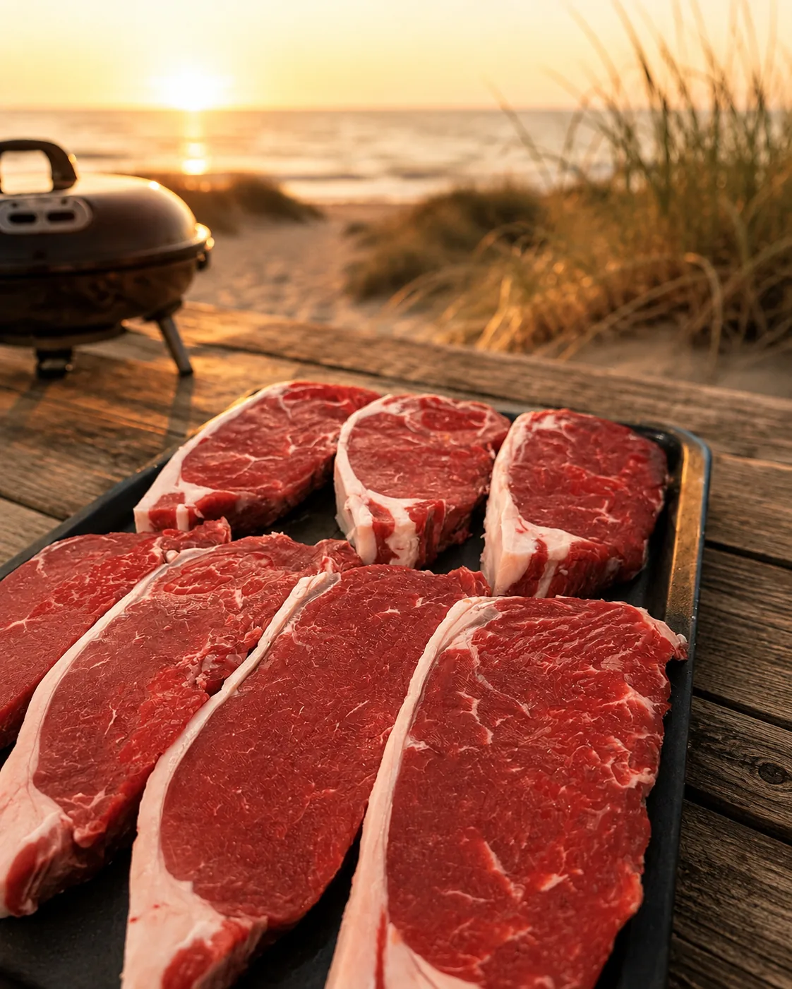 Steaks on a tray beside a kettle barbecue at sunset