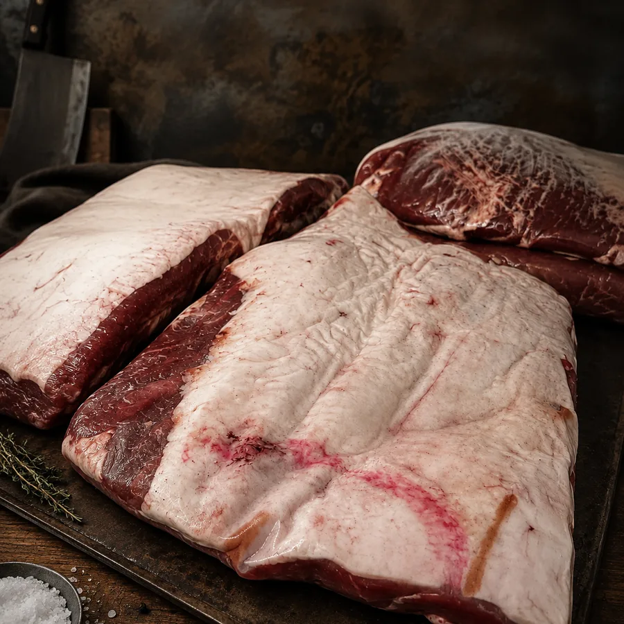 Whole beef briskets, fat cap up, on the block