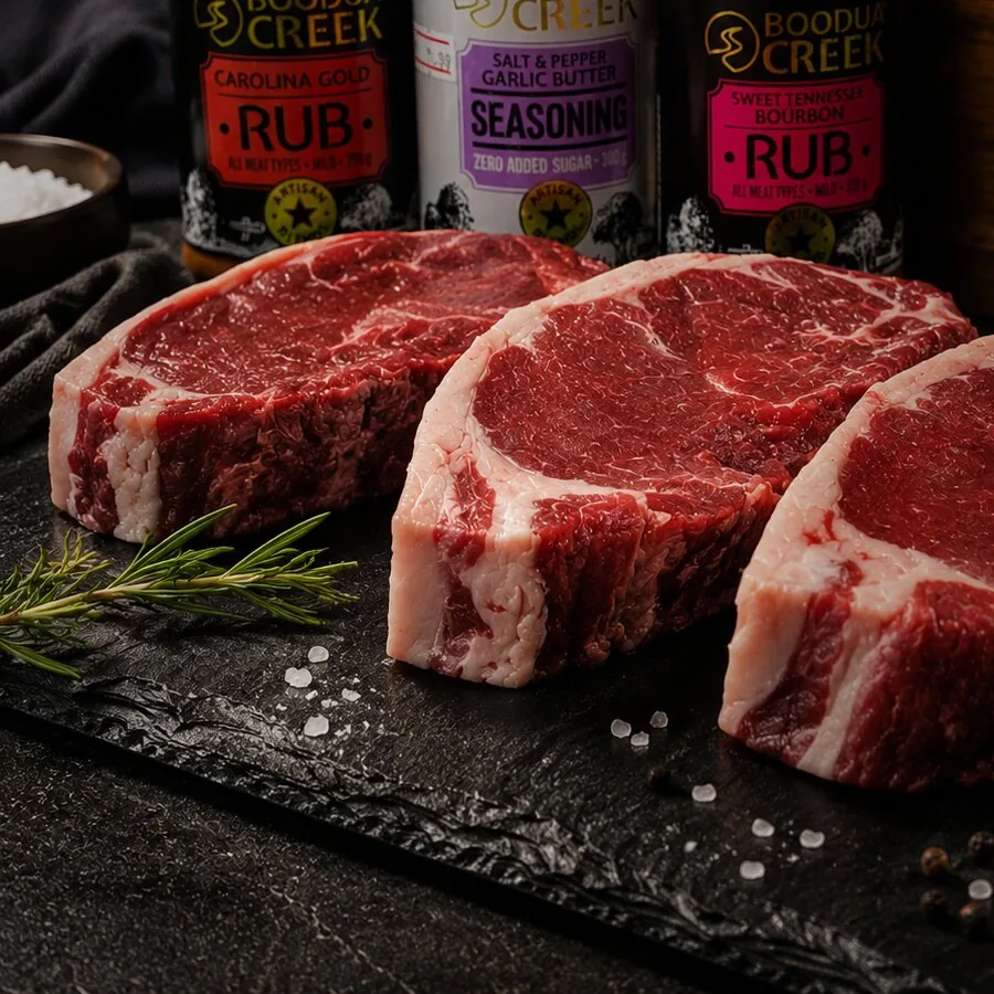 Porterhouse steaks with rubs and seasonings